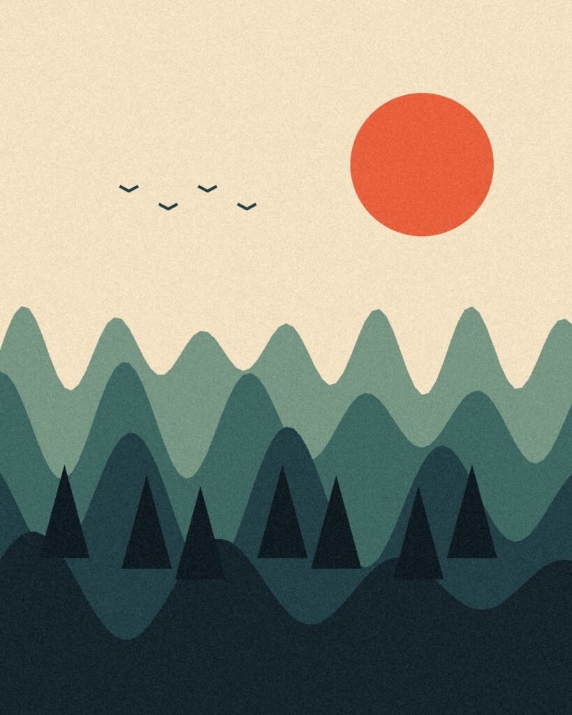 Illustration : vallée boisée au matin, soleil orange