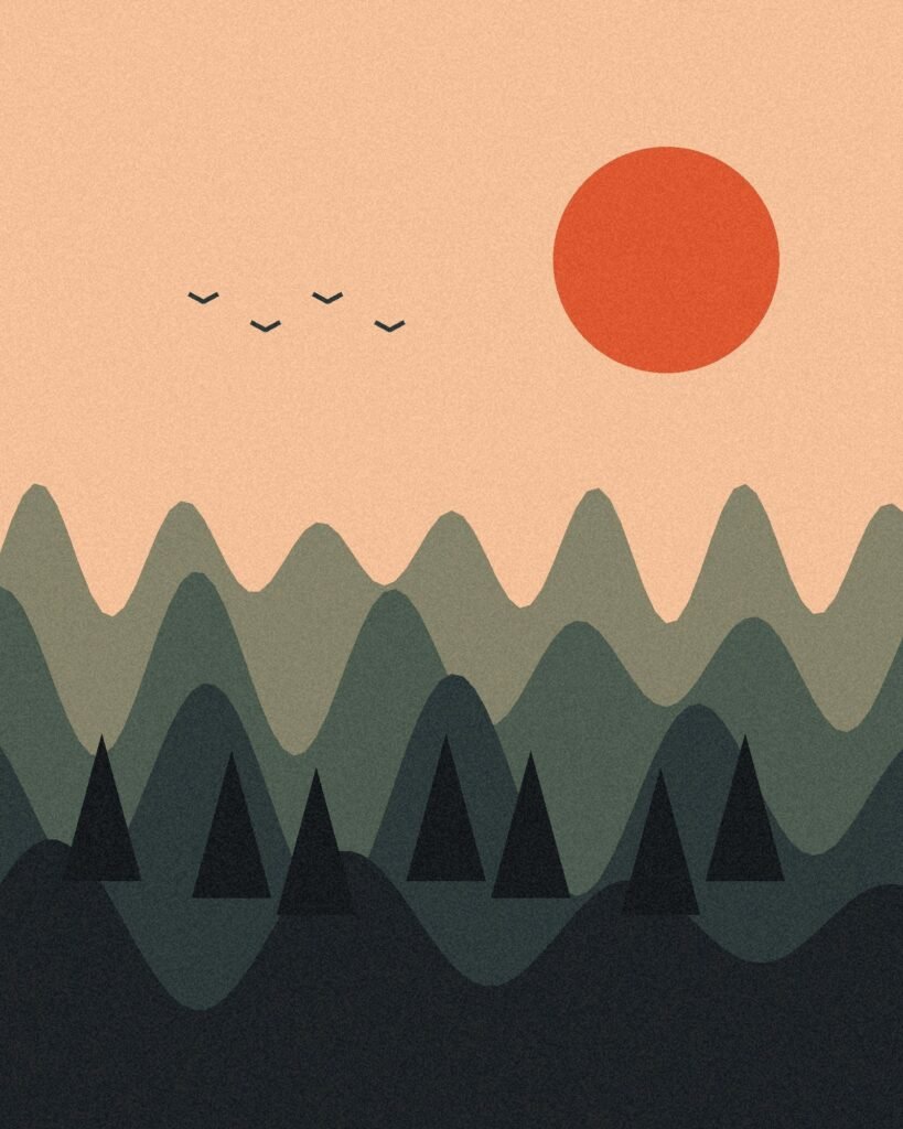 Illustration : vallée au crépuscule, ciel pêche