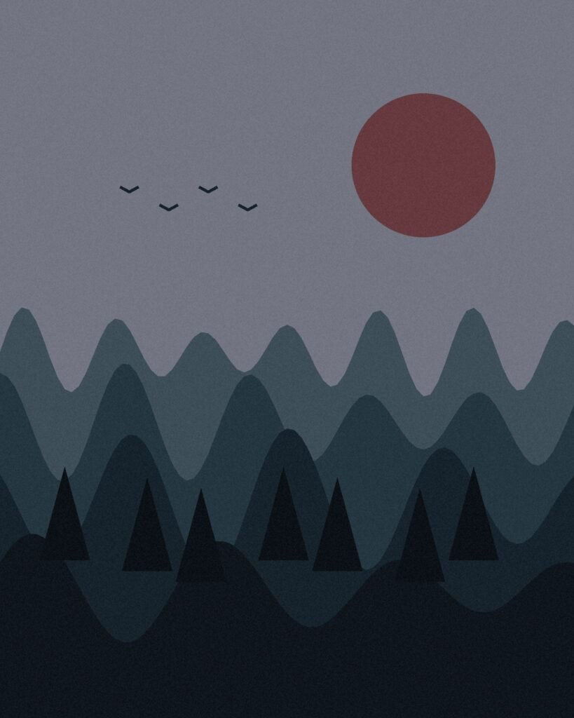 Illustration : vallée de nuit, lune rouge