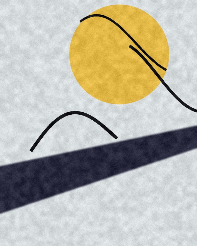 Toile : disque jaune, bande bleu nuit et tracés noirs